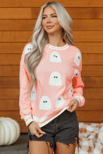 Load image into Gallery viewer, Gossamer Pink Halloween Terry Ghost Striped Trim Loose Sweatshirt
