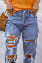 Load image into Gallery viewer, Sky Blue Heavy Destroyed Big Hole Boyfriend Jeans
