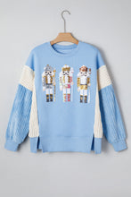 Load image into Gallery viewer, Beau Blue Sequin Nutcracker Textured Sleeve Patchwork Color Block Sweatshirt
