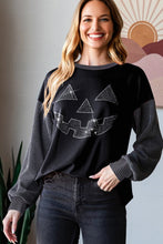 Load image into Gallery viewer, Black Halloween Rhinestone Pumpkin Face Contrast Ribbed Long Sleeve Patchwork Top
