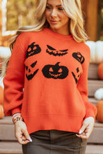 Load image into Gallery viewer, Orange Halloween Pumpkin Face Pattern Drop Shoulder Sweater
