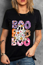 Load image into Gallery viewer, Black BOO Floral Ghost Print Crew Neck Halloween T Shirt
