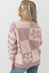 Green Checkered Floral Print Striped Sleeve Sweater