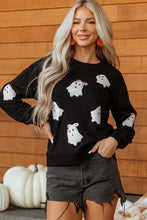 Load image into Gallery viewer, Black Sequin Cute Bow Ghost Graphic Crew Neck Halloween Sweatshirt
