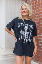 Load image into Gallery viewer, Black STAYING ALIVE Funny Skeleton Print Round Neck T Shirt
