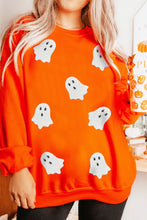 Load image into Gallery viewer, Orange Sequin Halloween Ghost Patched Drop Shoulder Sweatshirt
