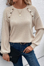 Load image into Gallery viewer, Parchment Contrast Lace Raglan Sleeve Buttoned Ribbed Top
