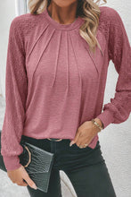 Load image into Gallery viewer, Light French Beige Contrast Lace Raglan Sleeve Plicate Round Neck Top
