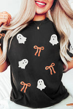 Load image into Gallery viewer, Black Sequin Bow Ghost Patched Halloween Graphic Tee
