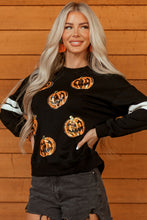 Load image into Gallery viewer, Black Halloween Pumpkin Face Sequin Patched Oversize Varsity Sweatshirt
