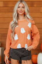 Load image into Gallery viewer, Orange Twisted Ribbed Texture Halloween Ghost Sequin Patched Sweatshirt
