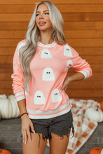 Load image into Gallery viewer, Gossamer Pink Halloween Terry Ghost Striped Trim Loose Sweatshirt
