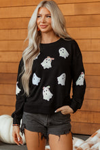 Load image into Gallery viewer, Black Sequin Cute Bow Ghost Graphic Crew Neck Halloween Sweatshirt
