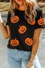Load image into Gallery viewer, Black Glittering Pumpkin Face Graphic Crewneck Halloween T Shirt

