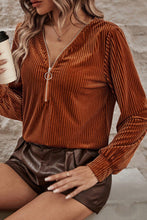 Load image into Gallery viewer, Chestnut Half Zip V Neck Ribbed Velvet Top
