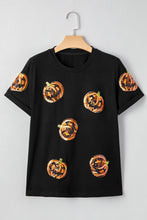 Load image into Gallery viewer, Black Sequin Pumpkin Face Halloween T Shirt
