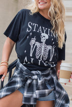 Load image into Gallery viewer, Black STAYING ALIVE Funny Skeleton Print Round Neck T Shirt
