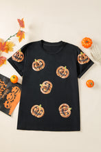 Load image into Gallery viewer, Black Sequin Pumpkin Face Halloween T Shirt
