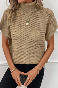 Black Turtleneck Textured Short Sleeve Sweater