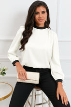 Load image into Gallery viewer, White Color Block Bow Back Mock Neck Blouse
