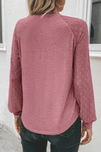 Load image into Gallery viewer, Light French Beige Contrast Lace Raglan Sleeve Plicate Round Neck Top
