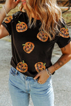 Load image into Gallery viewer, Black Sequin Pumpkin Face Halloween T Shirt
