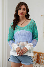 Load image into Gallery viewer, Multicolor Color Block Eyelet Long Sleeve Twisted Back Knit Top
