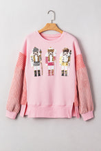Load image into Gallery viewer, Beau Blue Sequin Nutcracker Textured Sleeve Patchwork Color Block Sweatshirt
