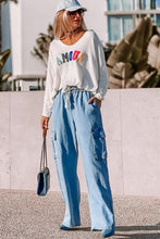 Load image into Gallery viewer, Sky Blue Drawstring High Waist Cargo Pocket Wide Leg Jeans

