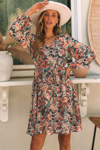 Load image into Gallery viewer, Brown Geometric Print Long Sleeve Surplice Flowy Dress
